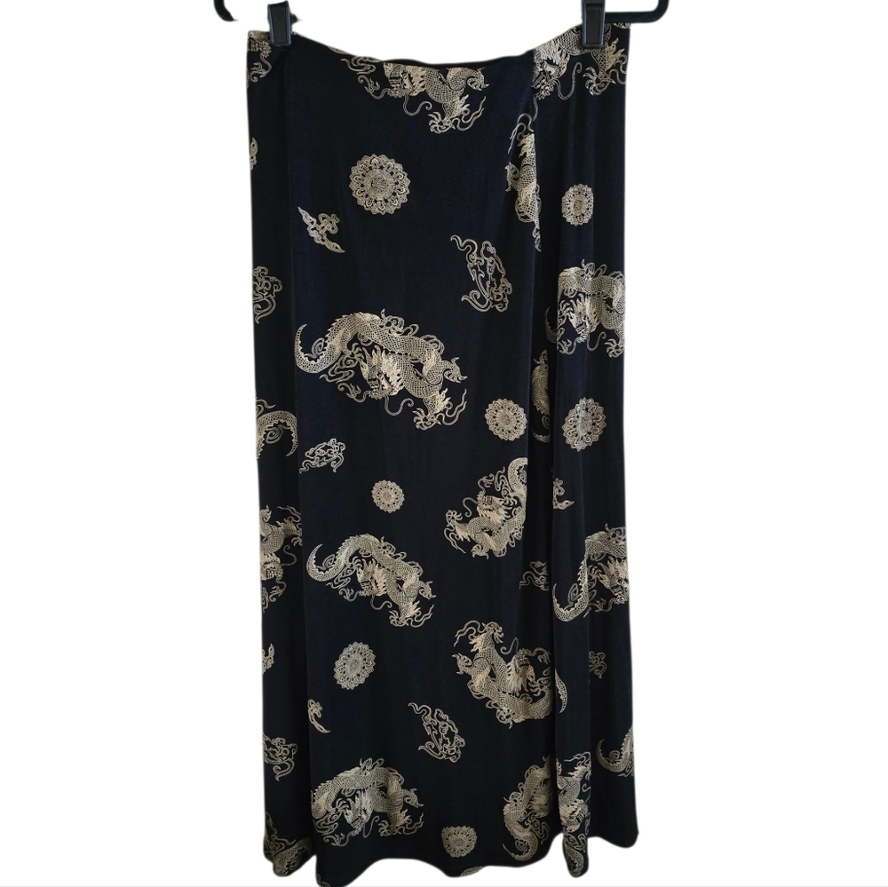 90s Vintage ES-SE PLUS Gold Dragon Celestial Maxi Skirt Black M - Picture 3 of 8